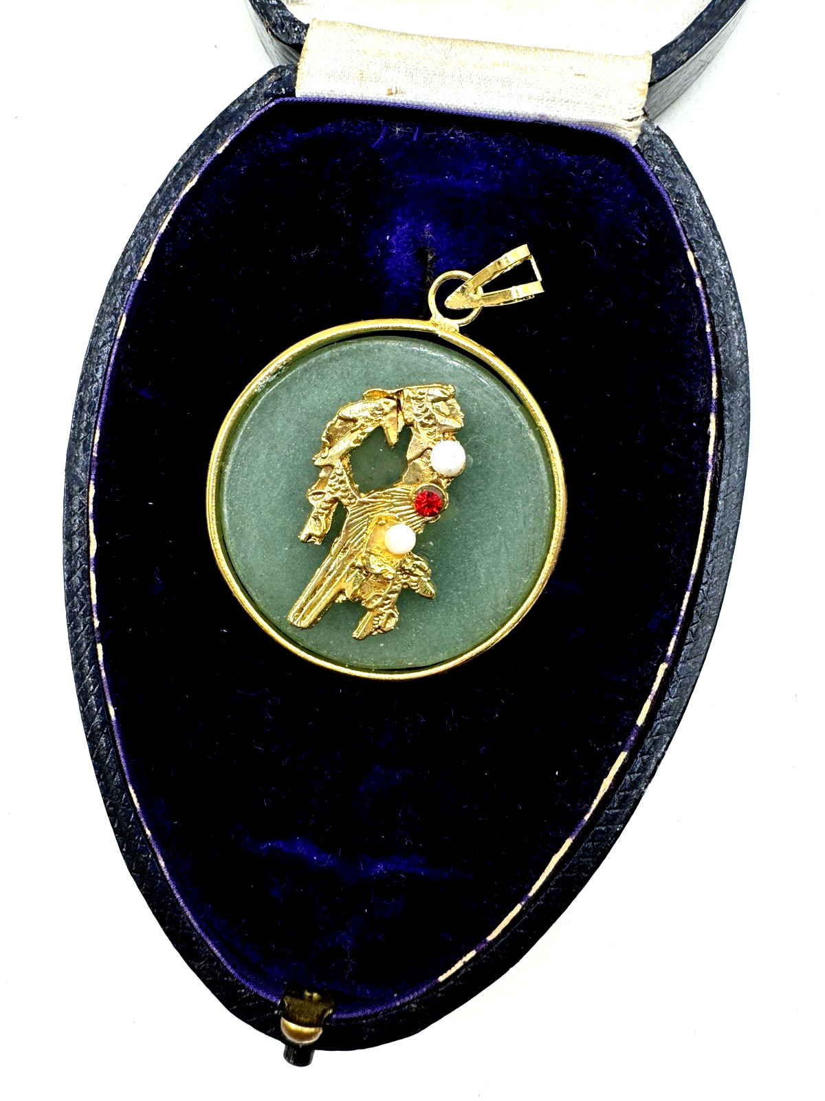 BIRD PENDANT ROUND CHINESE Semi Precious Gemstone NEW OLD VNTG LAPIS AVENTURINE