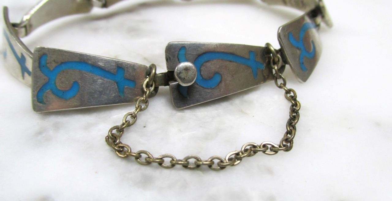 Taxco Sterling Silver Blue Enamel Design Link Bracelet ~ 7-1/4″ ~ 21g ~ 5-C436