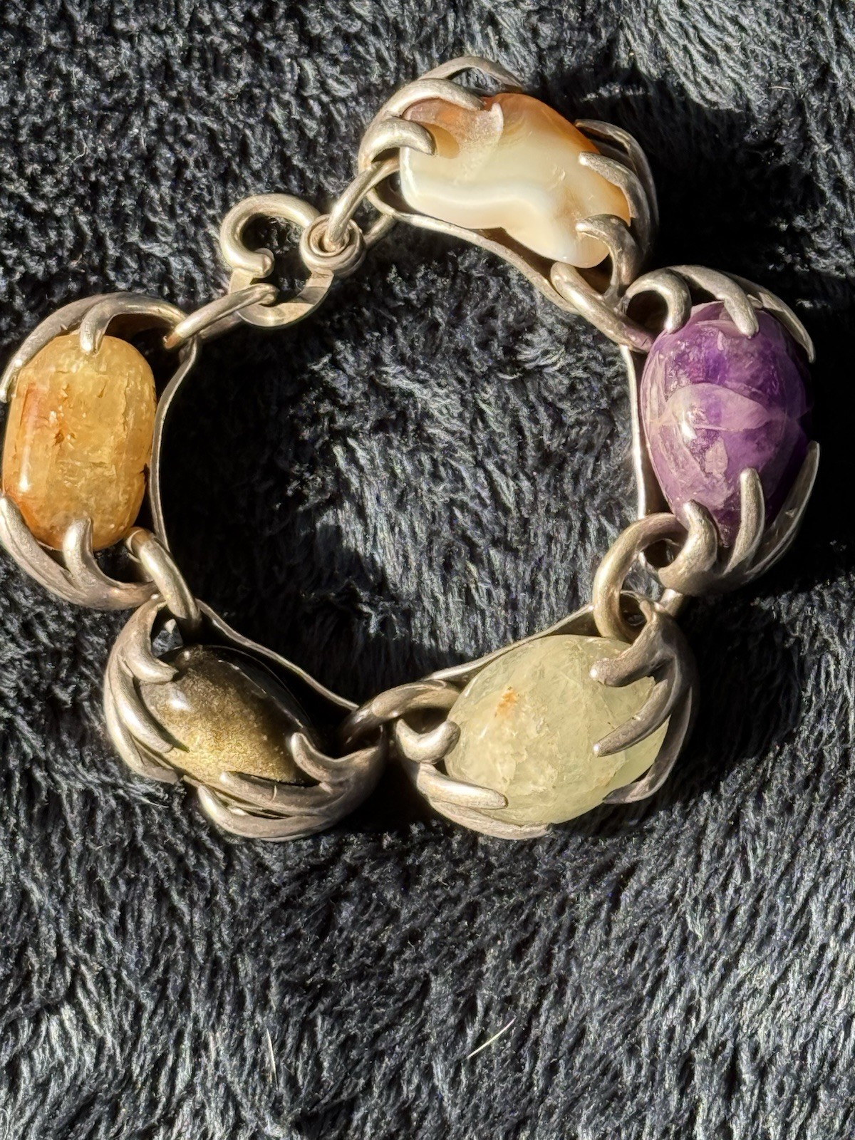 Vintage Las Castillo Mexican 925 Silver, five large gemstones unique bracelet .