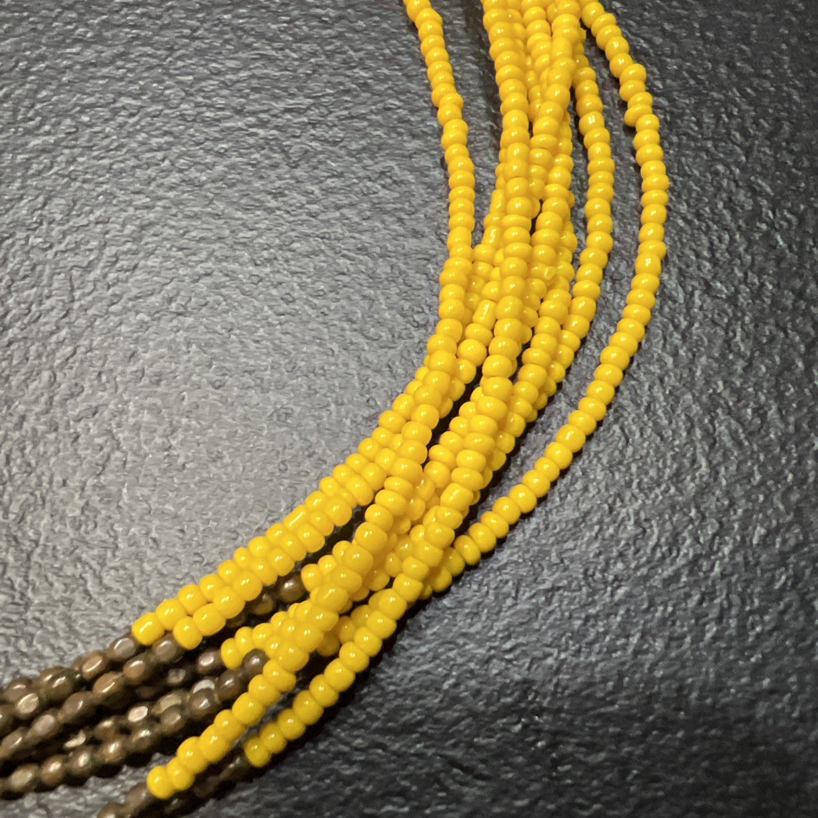 Vintage Brass-tone Yellow Glass Sead Bead Necklace Multistrand 21″