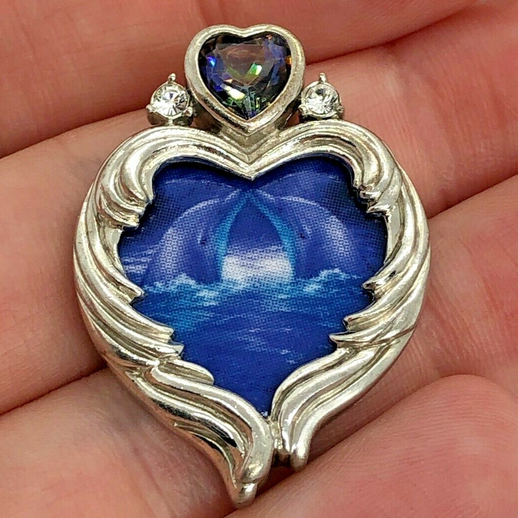 BGE Sterling Silver 7mm Mystic Topaz Kissing Dolphins Heart Pendant 8.4 Grams