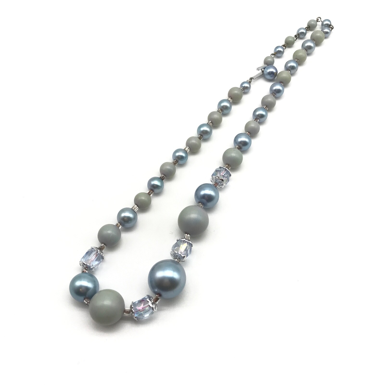 Vintage Japan Blue Gray Acrylic & AB Crystal Beaded Strand Necklace