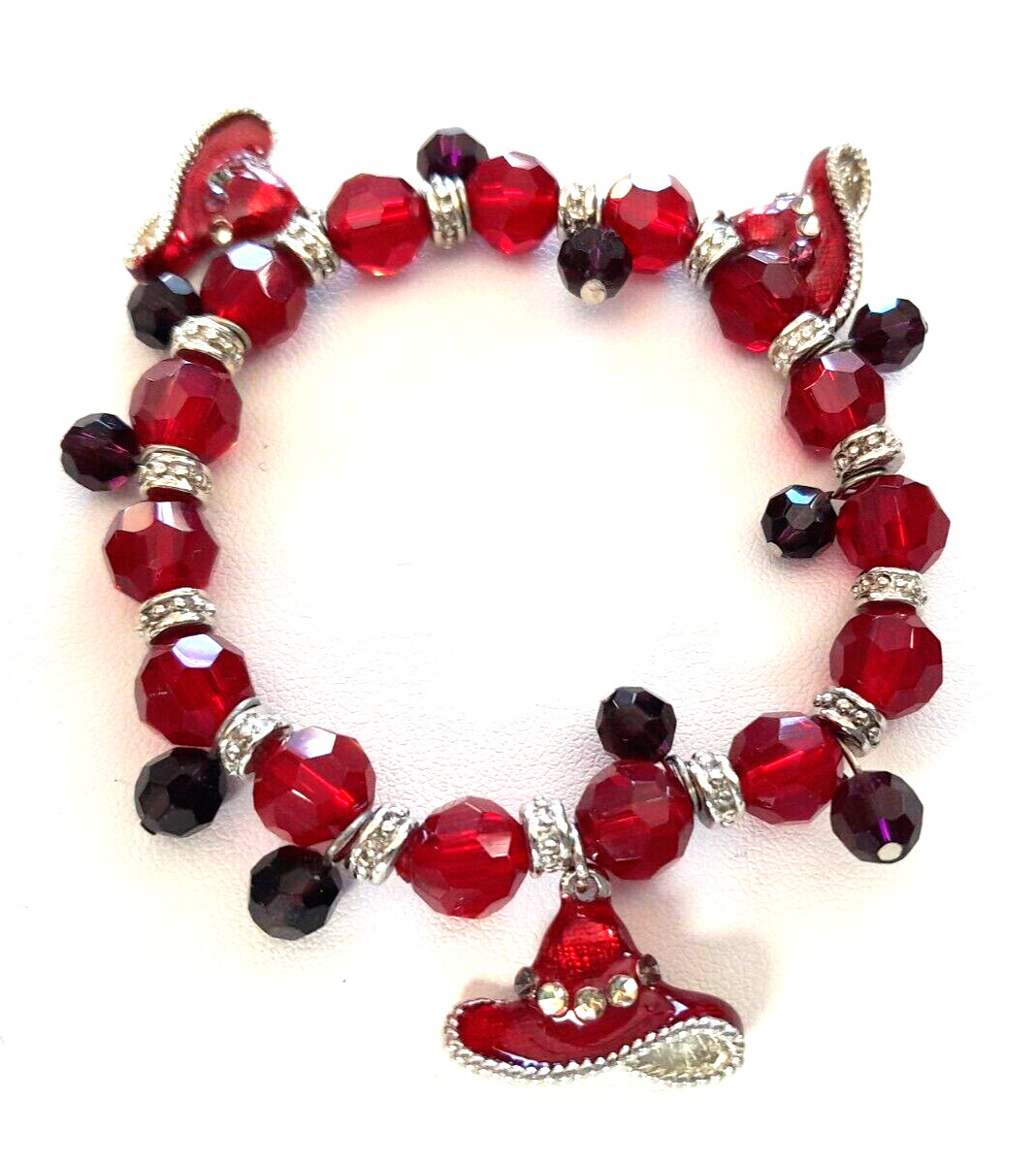 Red Hat Ladies Red & Black Faceted Glass Beads w/ Charms Stretch Bracelet VTG