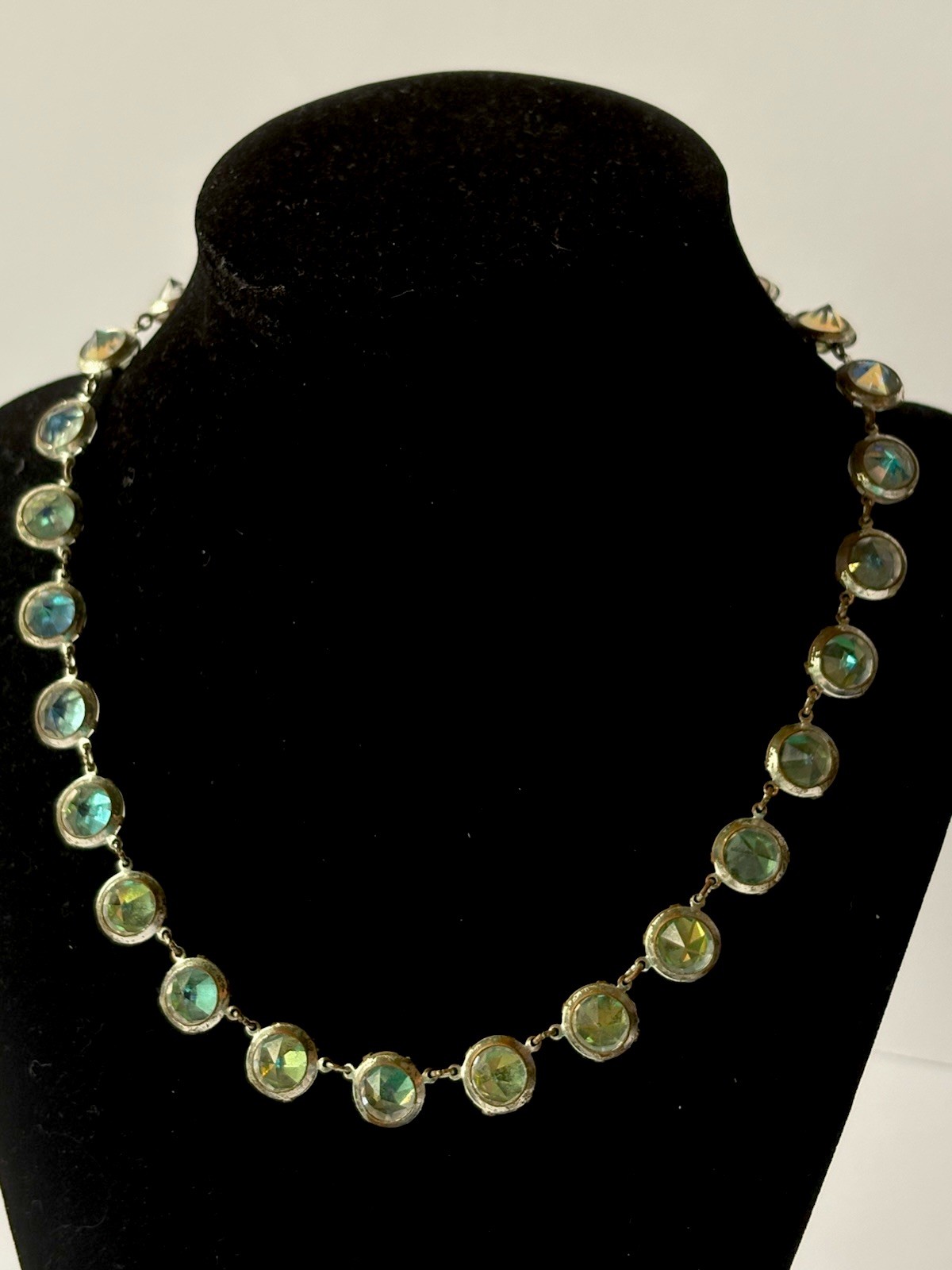 Antique Art Deco Clear Aurora Borealis Crystal Prong Set 15 1/2 inch Necklace