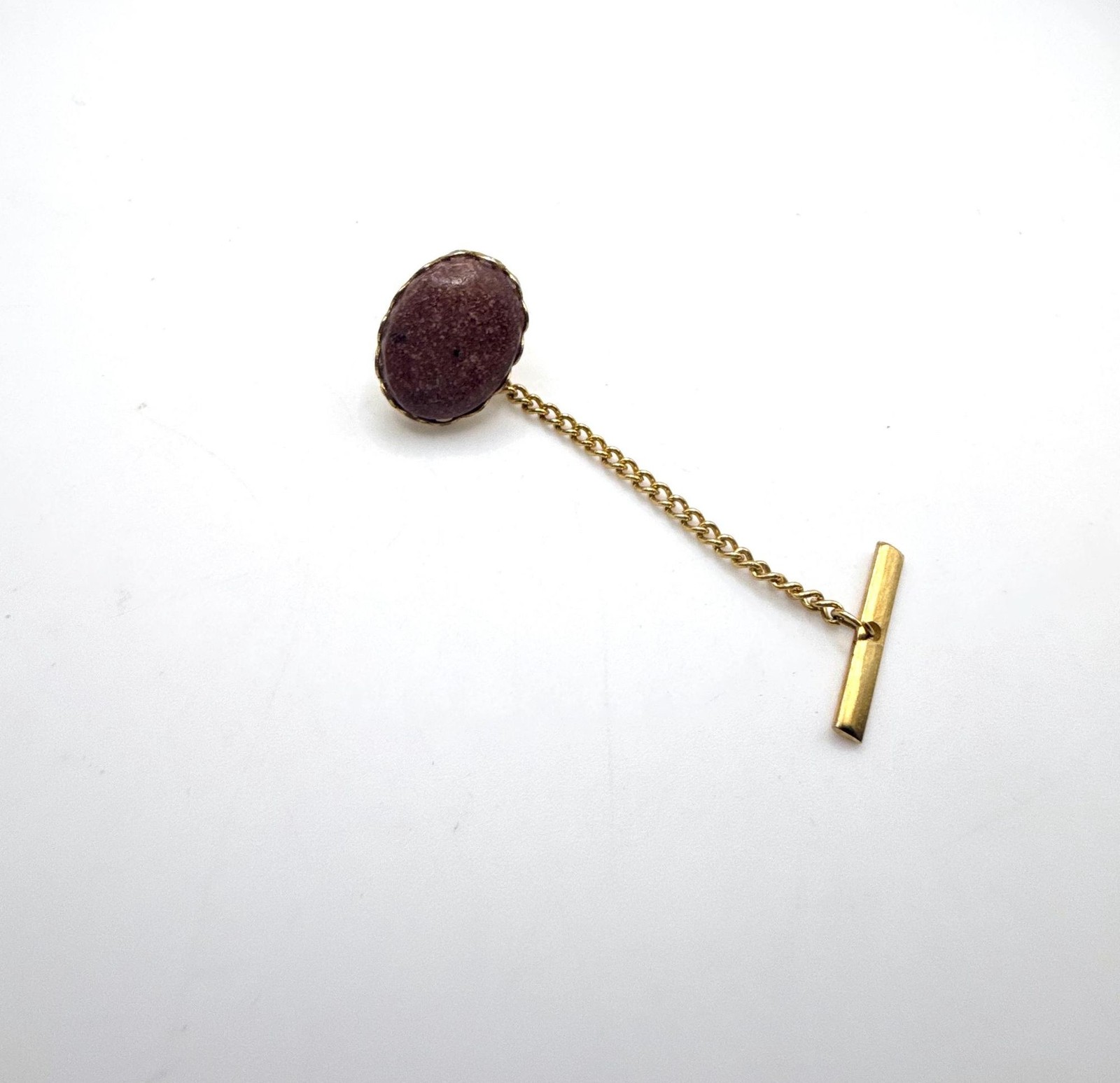 Vintage gold tone pink hue oval stone tie clip pin with chain
