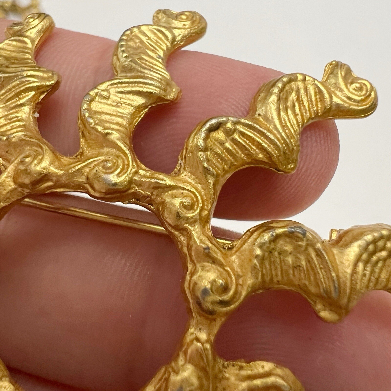 Vintage Alva Museum Replica Matte Golden Etruscan Seahorse Duck Spiral Brooch