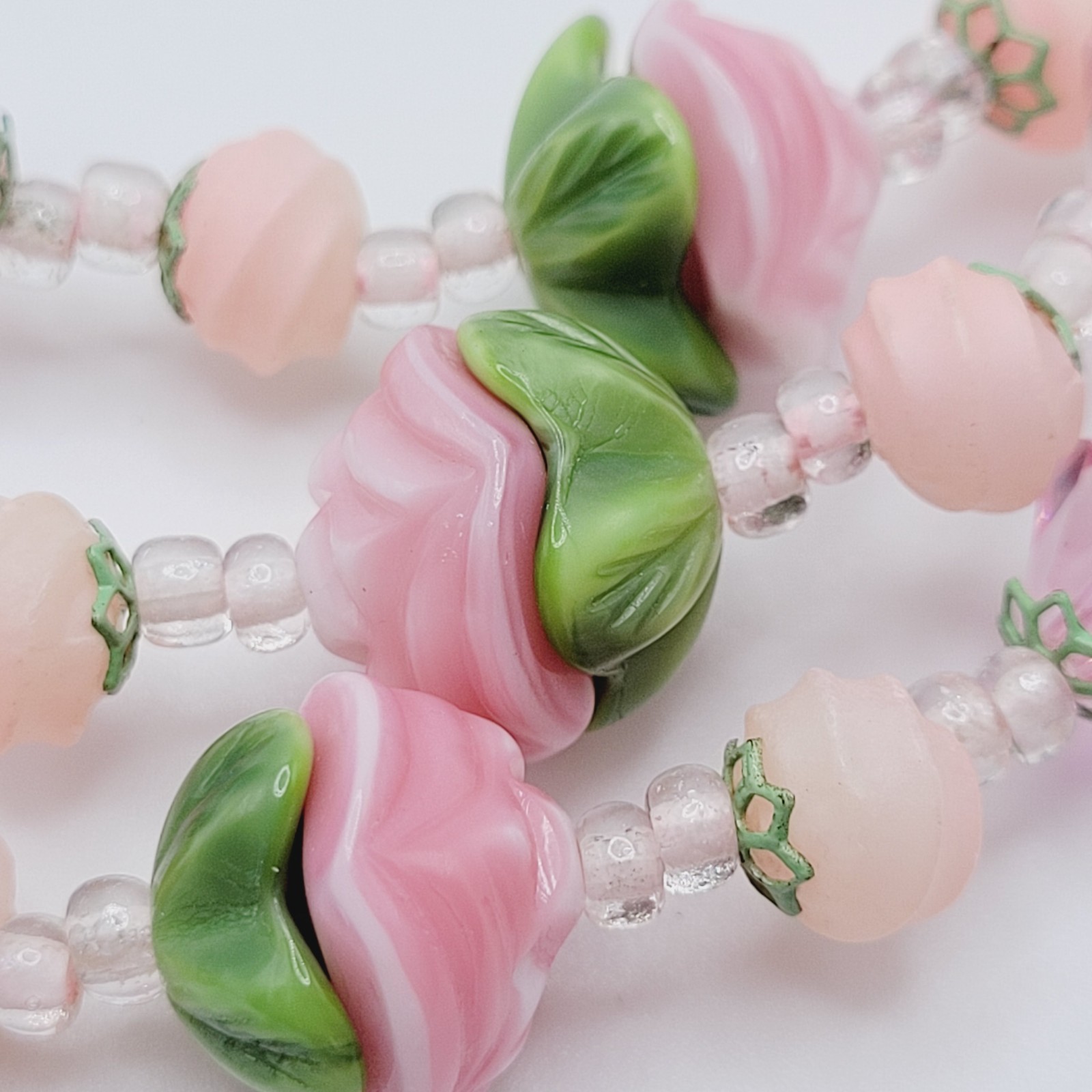 Triple Strand Glass Pink Rosette Green Bottom Rosebuds Bicone Crystal Necklace