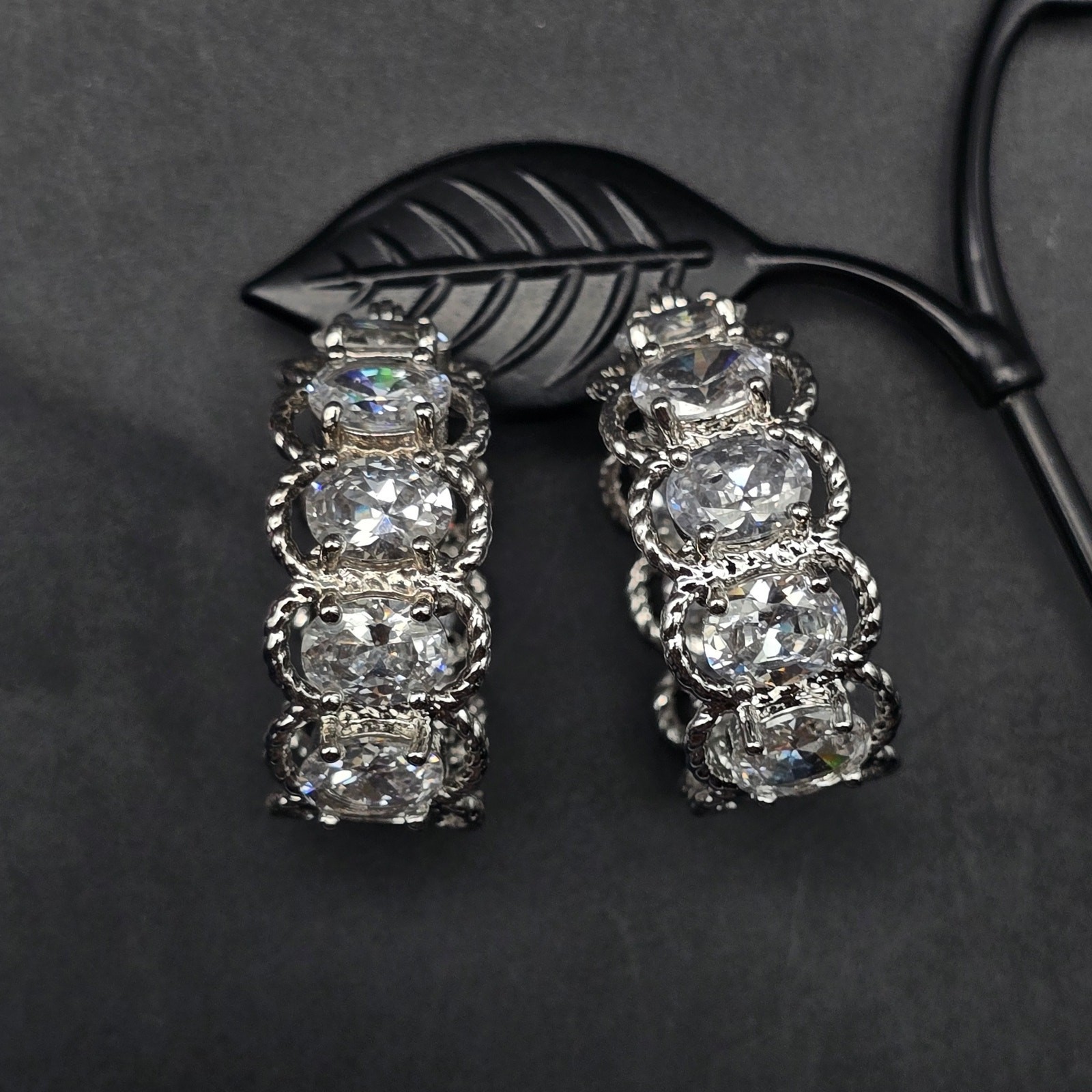 Clear Glass Rhinestone Hoop Earrings Silver Tone Thailand