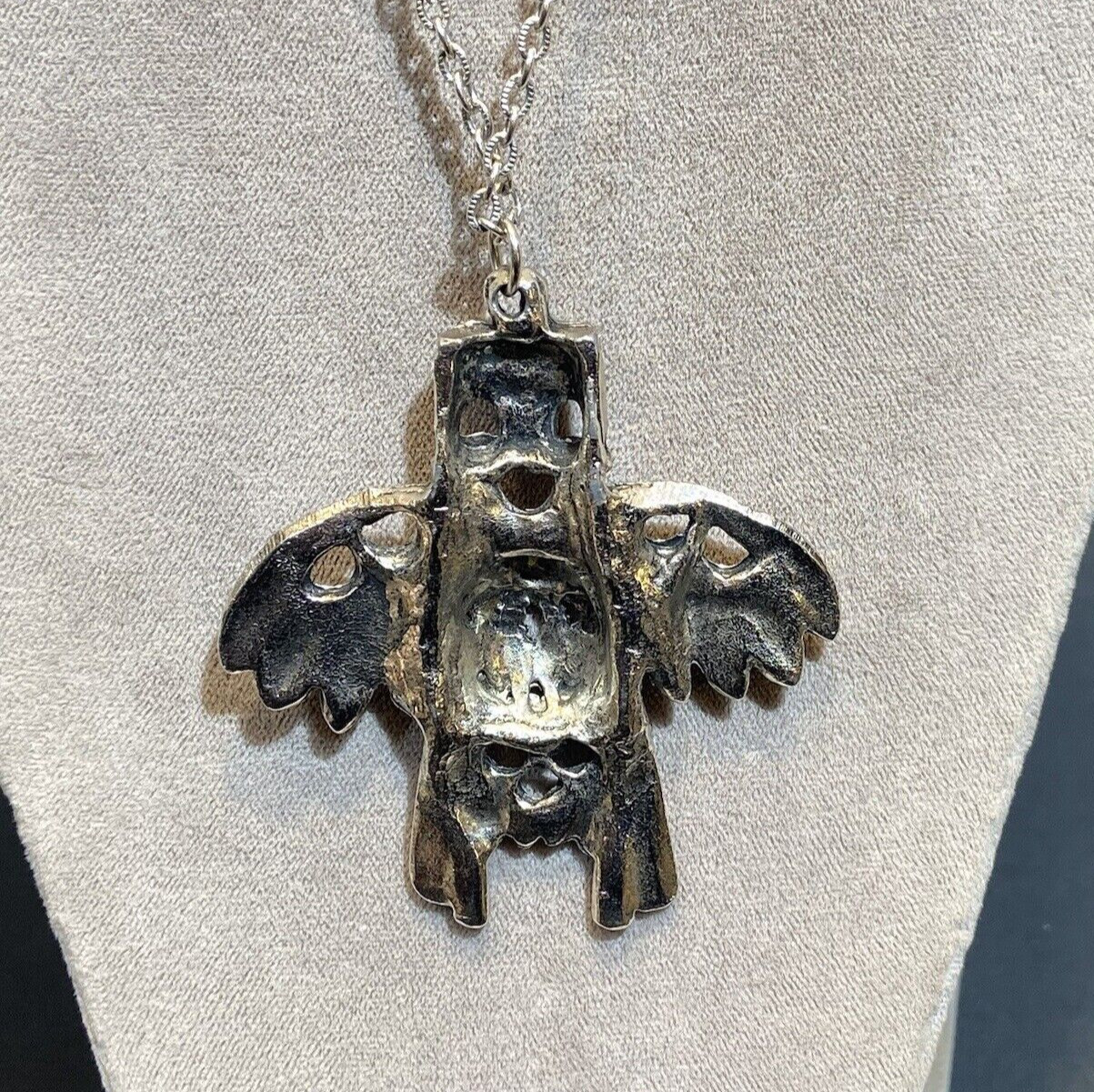 VTG Thunderbird Kachina Pendant Necklace Faux Turquoise Silver Tone Southwestern