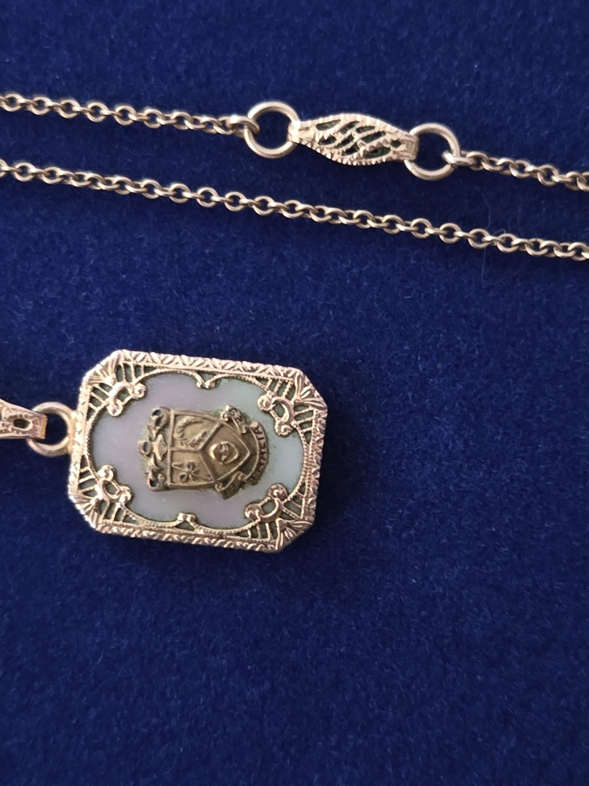 Antique 1929 Fraternity Sorority Pendant MOP Necklace GF 16″ Delicate Chain