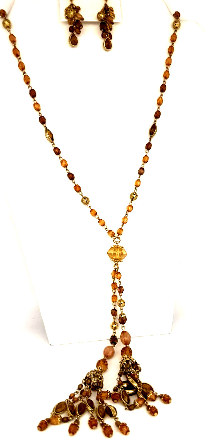 Vintage Robert Rose Gold Tone Amber Honey Beaded Lariat Style Pendant Necklace