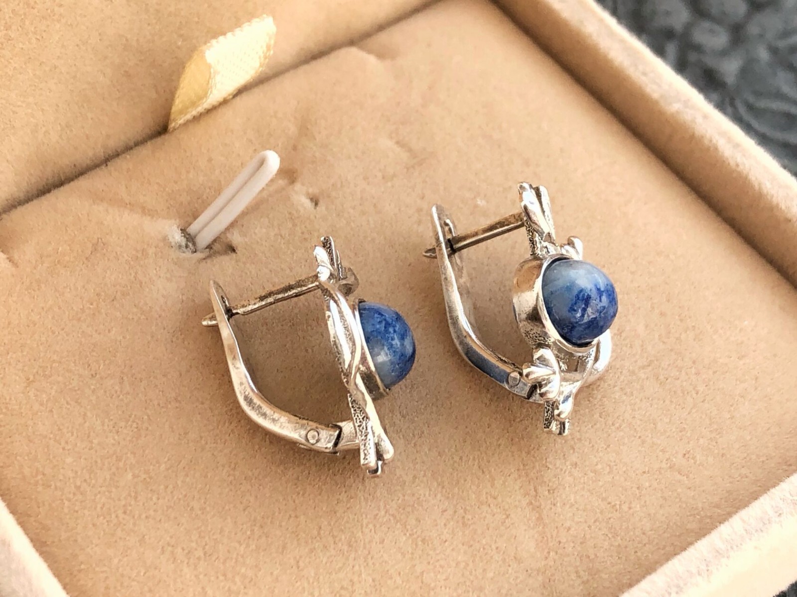 Estate Vintage Soviet Earrings Sterling Silver 925 Lapis Lazuli Jewelry USSR
