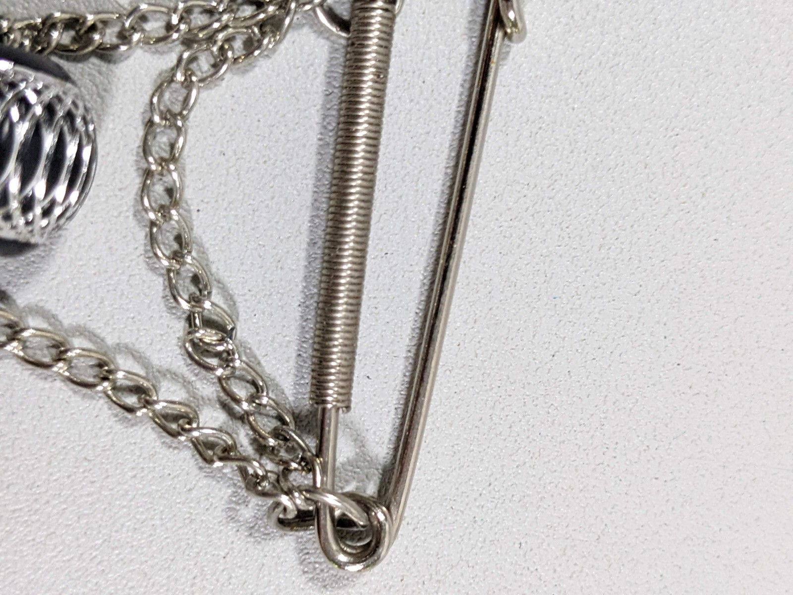 Silver Tone Safety Pin Brooch Charm Holder Black Bead with Chain