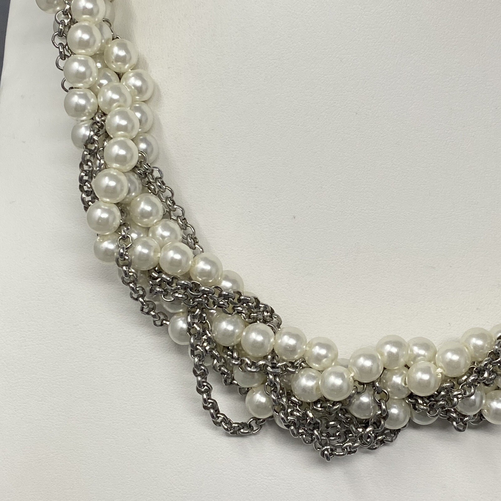 Sugarfix Baublebar Necklace Torsade Imitation Pearl Silver Tone Chain Twist 21″