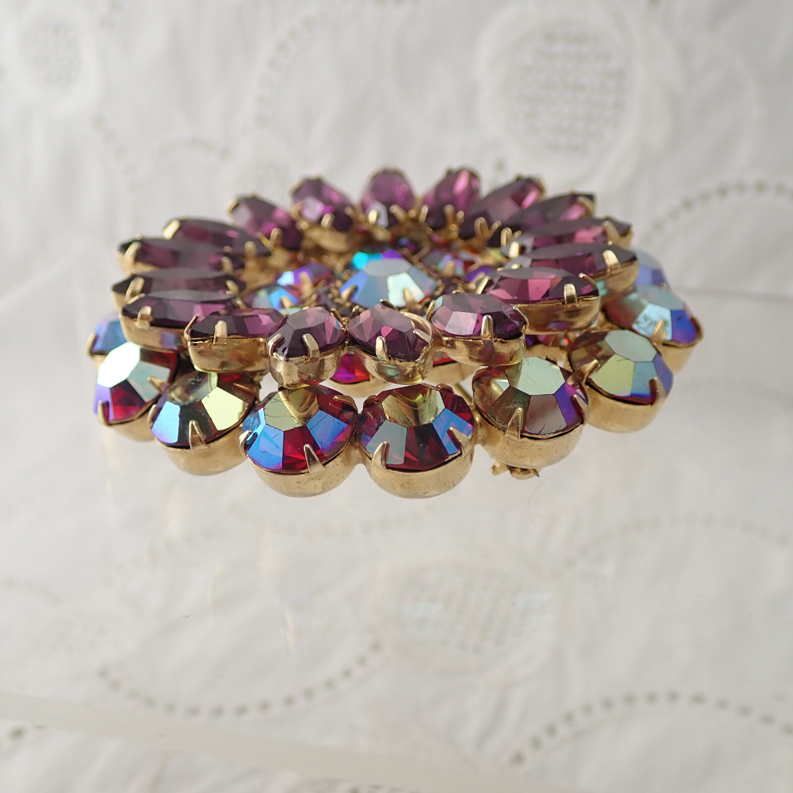 Massive Vintage Juliana Purple AB Red Rhinestone Layered Flower Pin Brooch