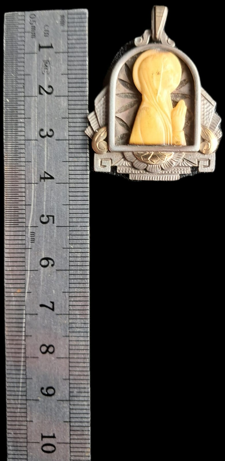 Fine Antique Art Deco Silver & Gold Madonna in Sorrow Virgin Mary Pendant C 1930