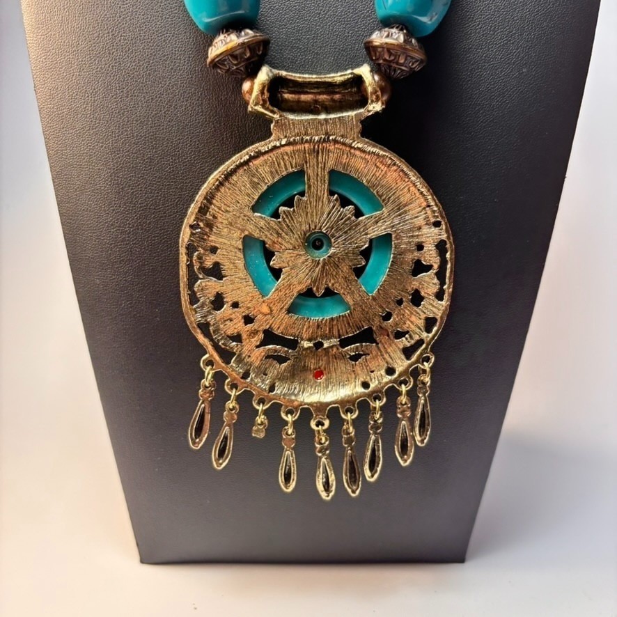 Chunky Vintage Necklace Wood Beads Boho Chunky Blue Resin Pendant