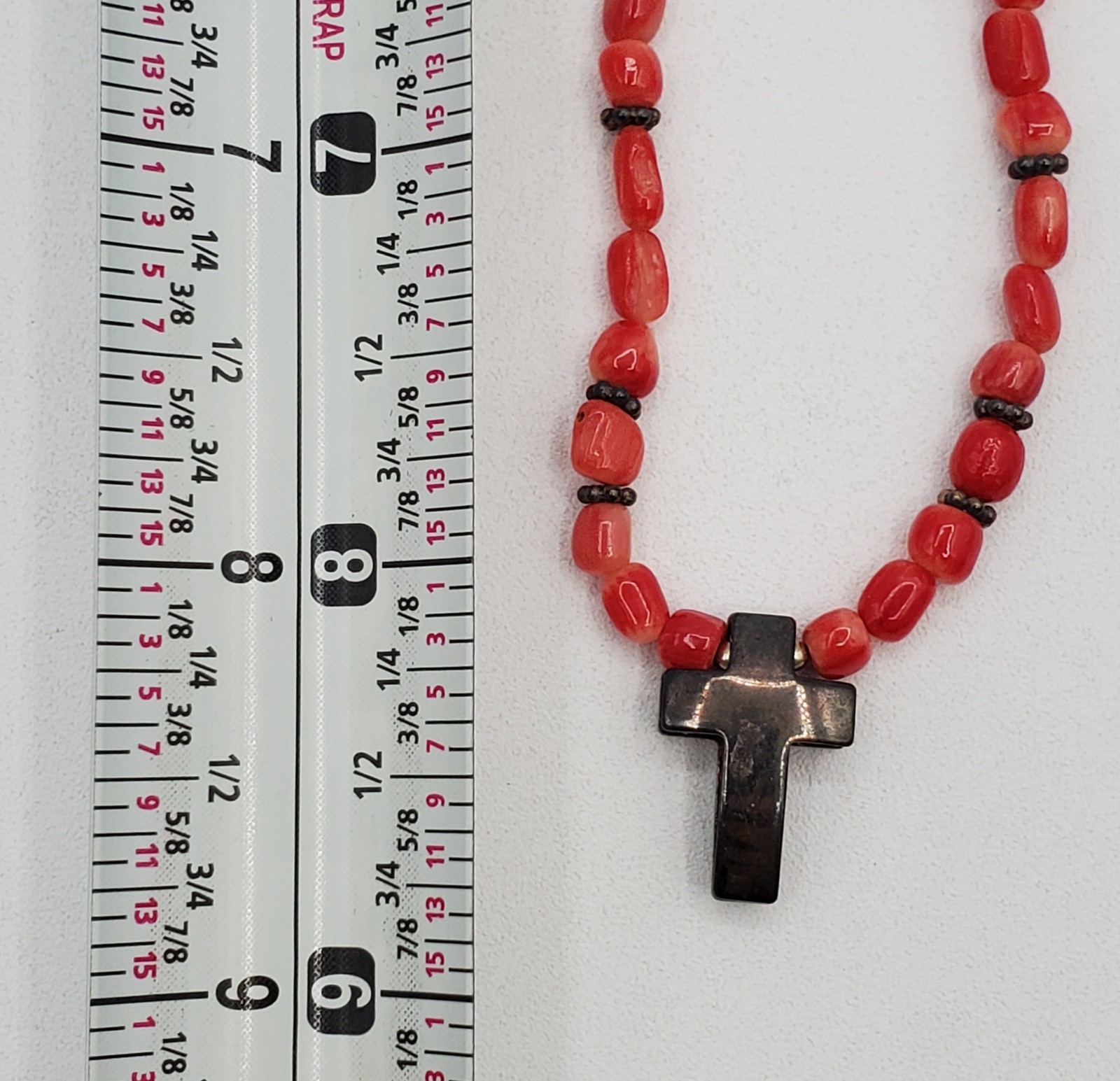 VTG 925 Red Coral Bead 17in Necklace Sterling Silver 15gtw Puffed Open Cross