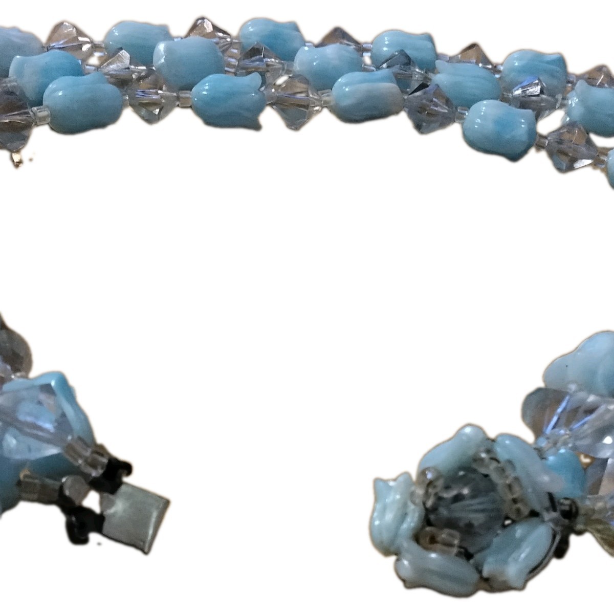 Vintage Japan Multi-Strand Beaded Necklace Blue Glass Gray Sim Crystal 18in Hook