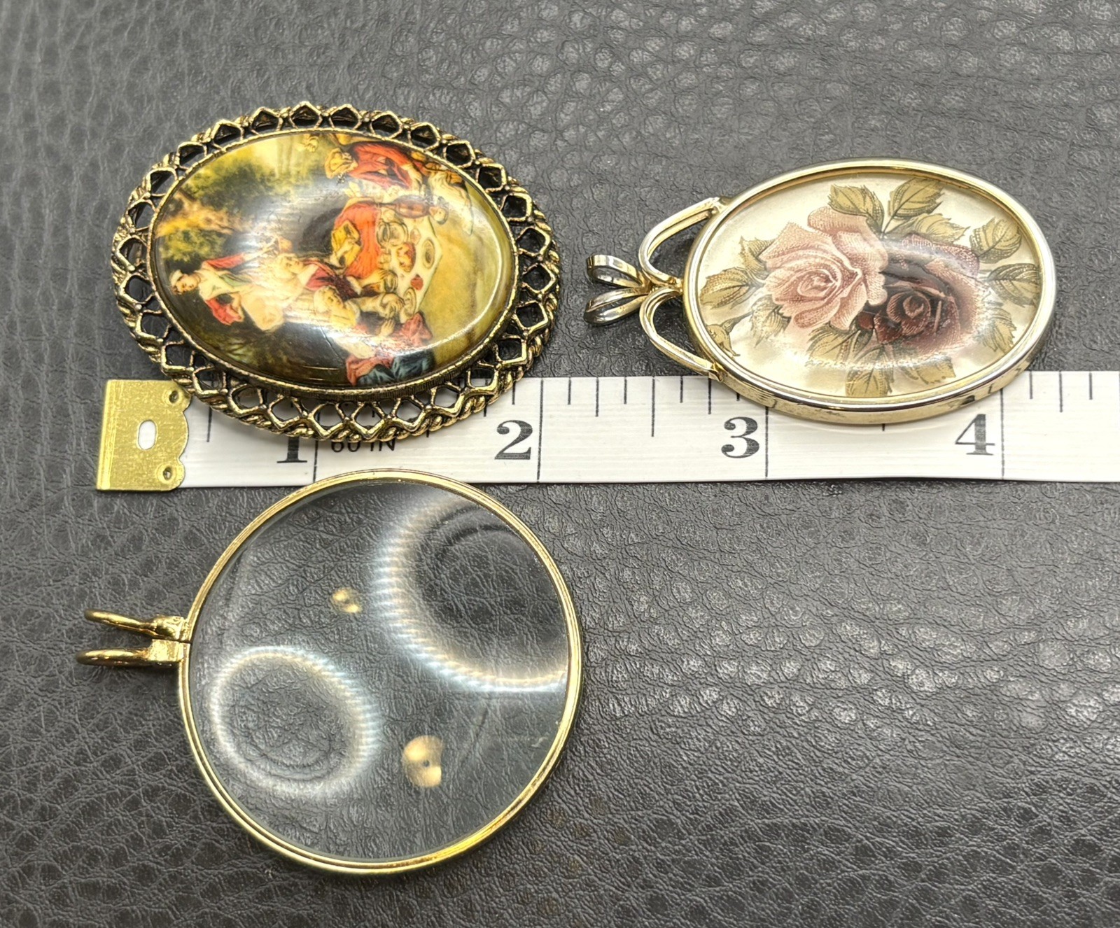 Vintage Lot Of 3 Pendants Gold Tone Floral Cameo Portrait Scene Magnifying Glass