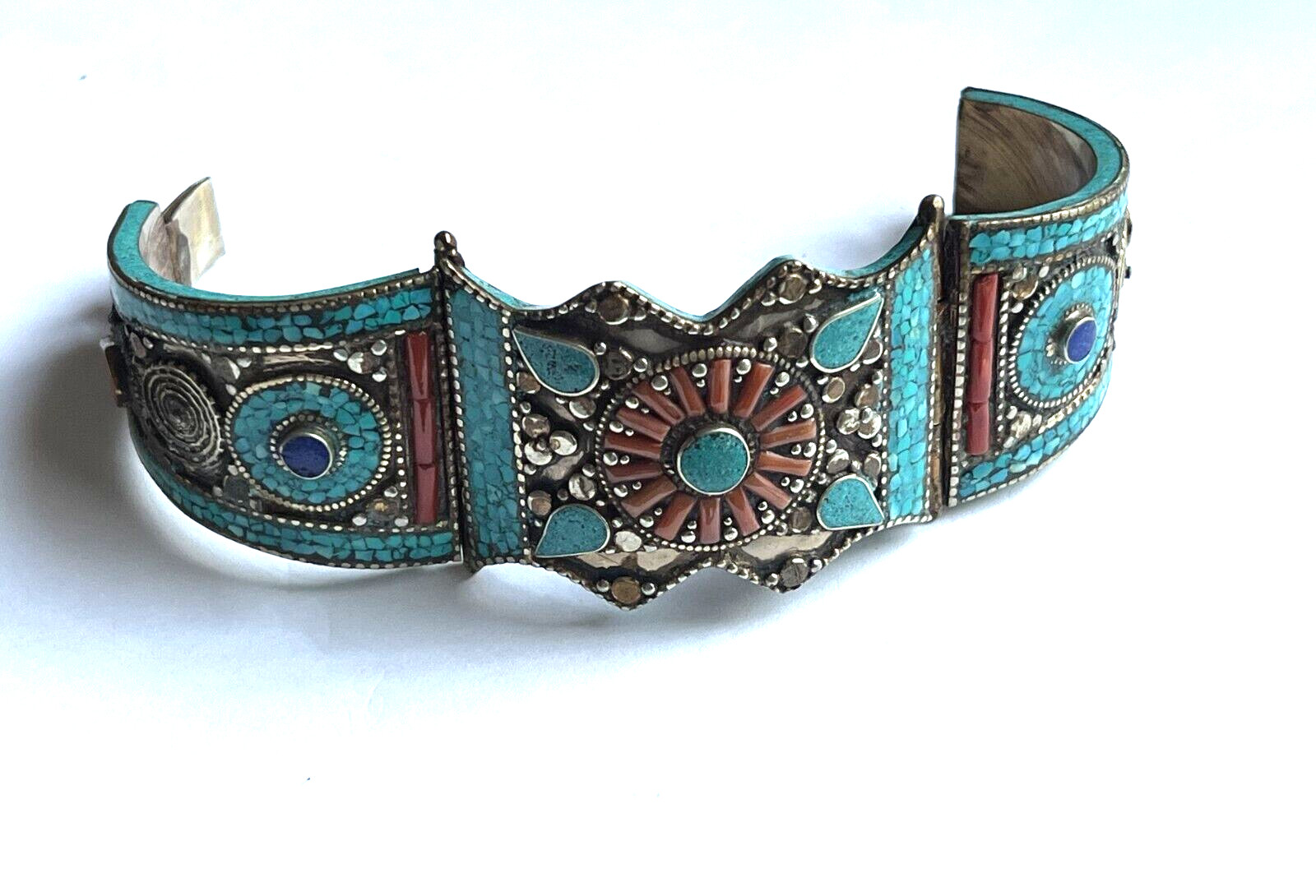 NEPALESE VINTAGE PRE OWNED TURQUOISE CORAL SILVER PLATED HINDGE BRACELET