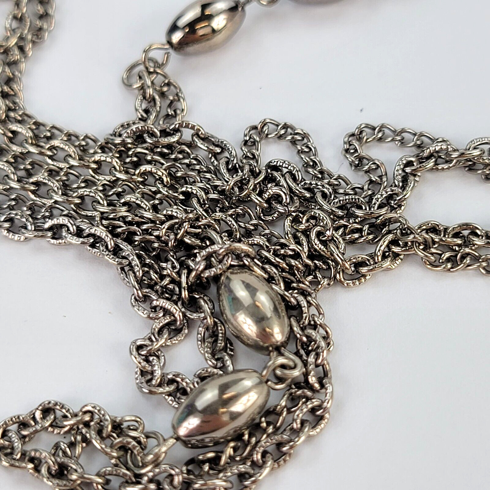 Vintage Silver-Tone Double Chain Oval Metal Bead Charm Station Necklace 54 in