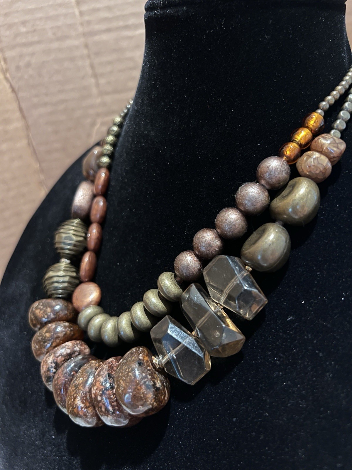 Vintage Boho Chunky Beaded Statement Necklace Earth Tones Acrylic Mixed Media