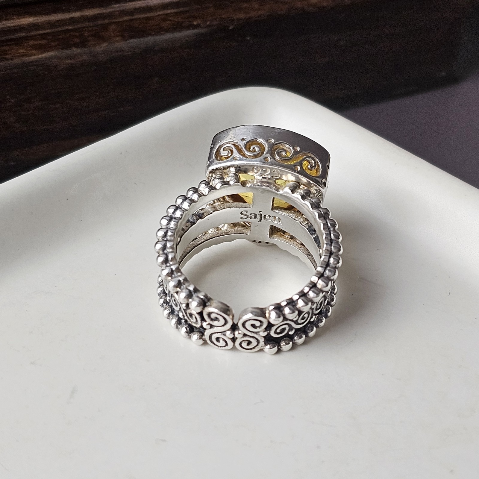 Sajen 925 Sterling Silve Rainbow Champagne Quartz Ornate Ring Size 10 – 15.36 g