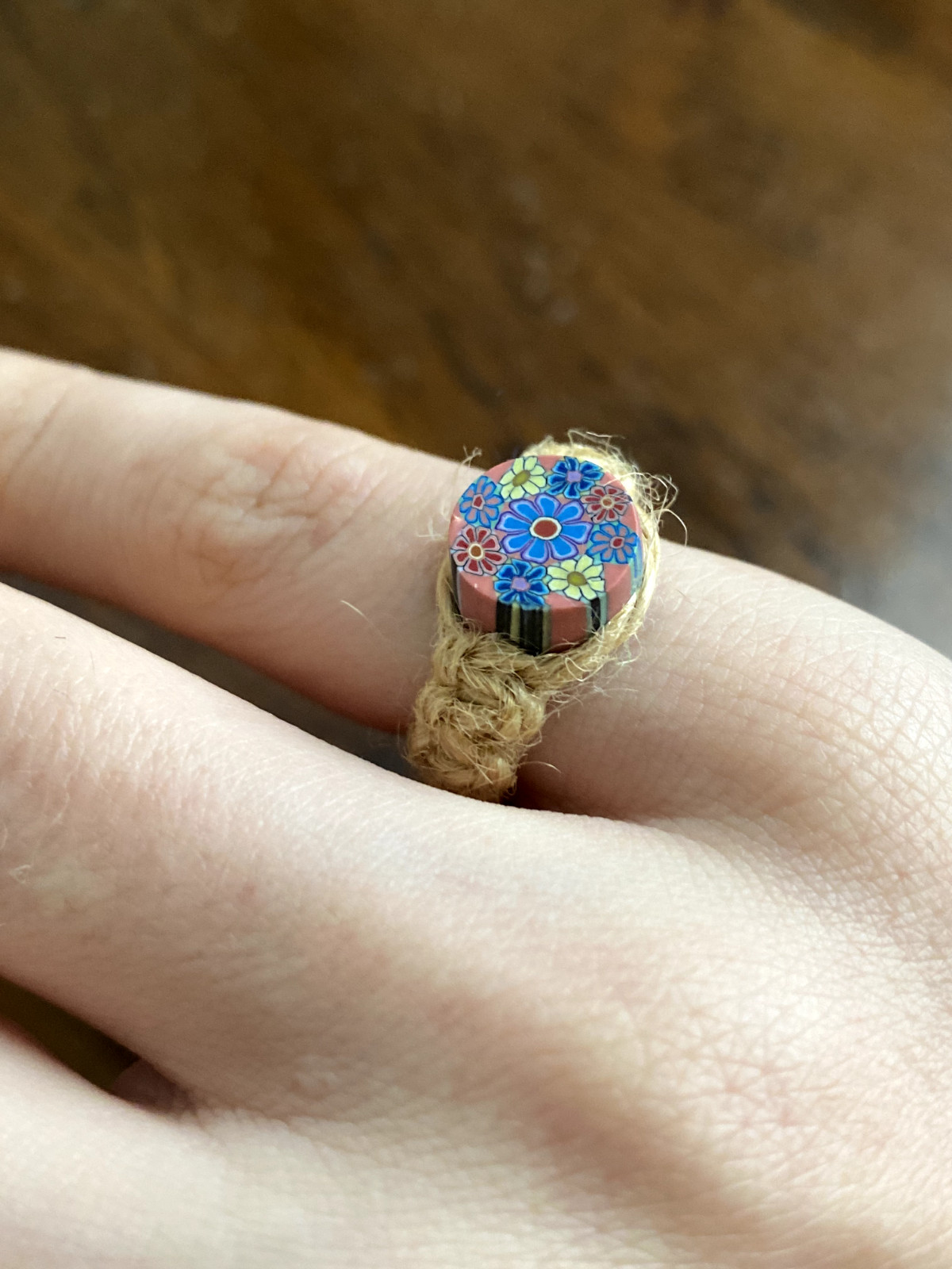 Vintage 1990s NEW Hemp Twine Psychedelic Hippy Floral Polymer Clay Ring
