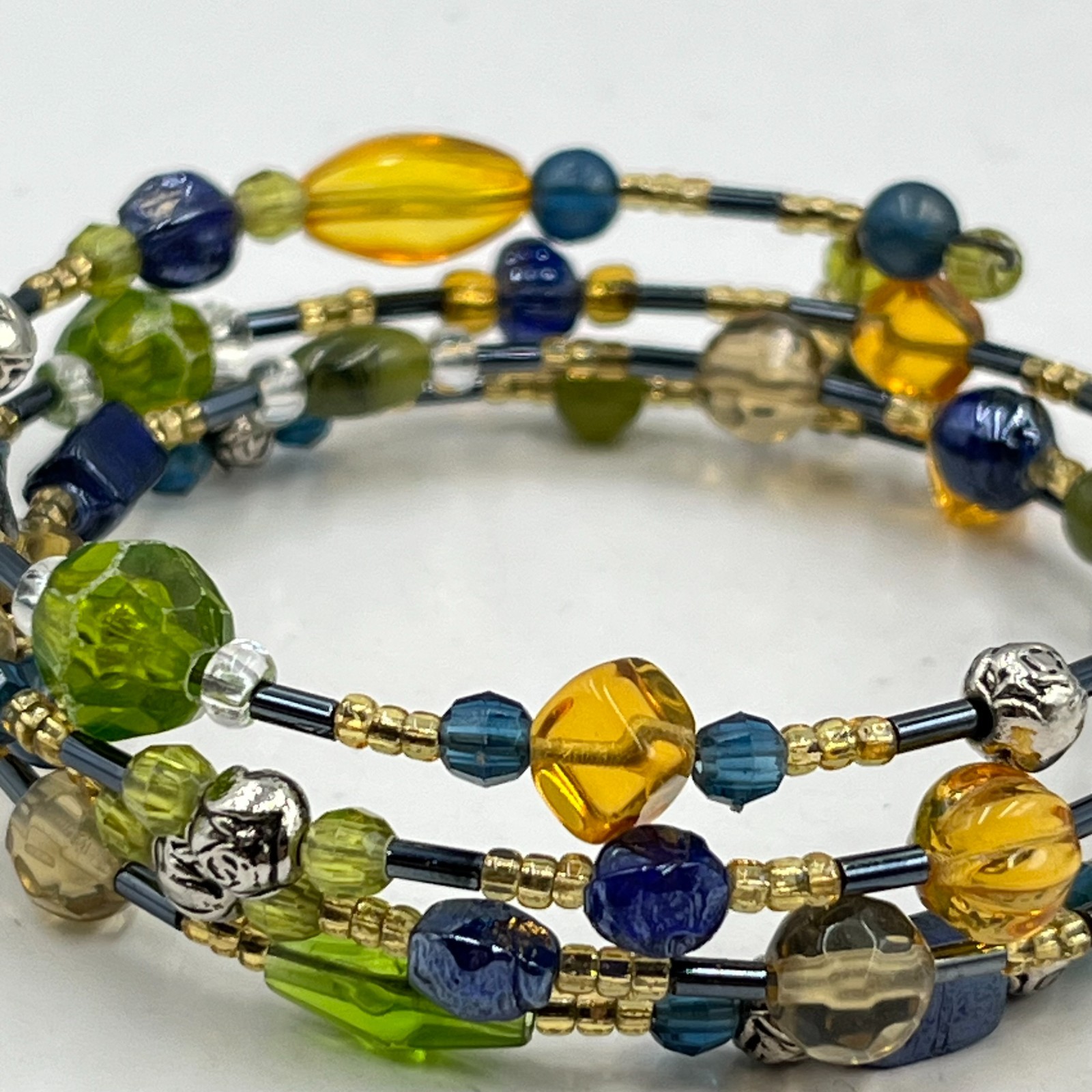 Vintage Y2K Boho Multi-Strand Wrap Bracelet Green Blue Amber Beads 80ch Classic