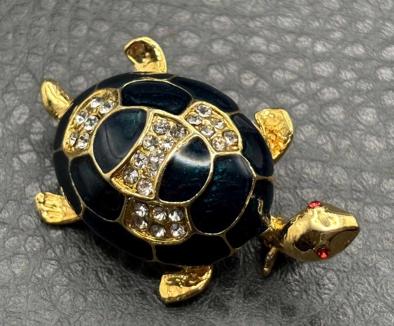 Vintage Enamel Rhinestone Gold Tone Turtle Brooch Pin