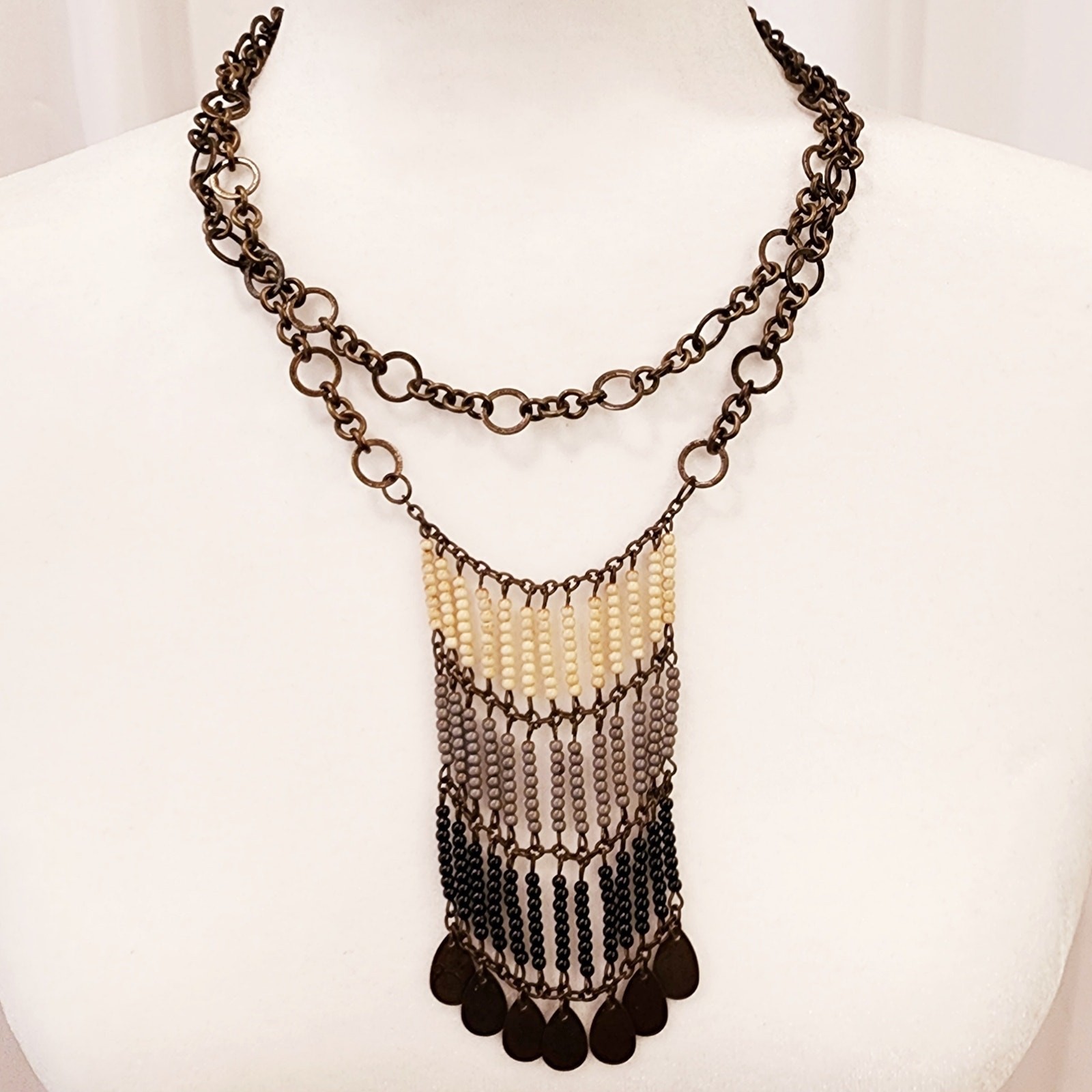 1970s Boho Fringe Beaded Necklace Brass Coin Dangles 38” Long Layering Chain