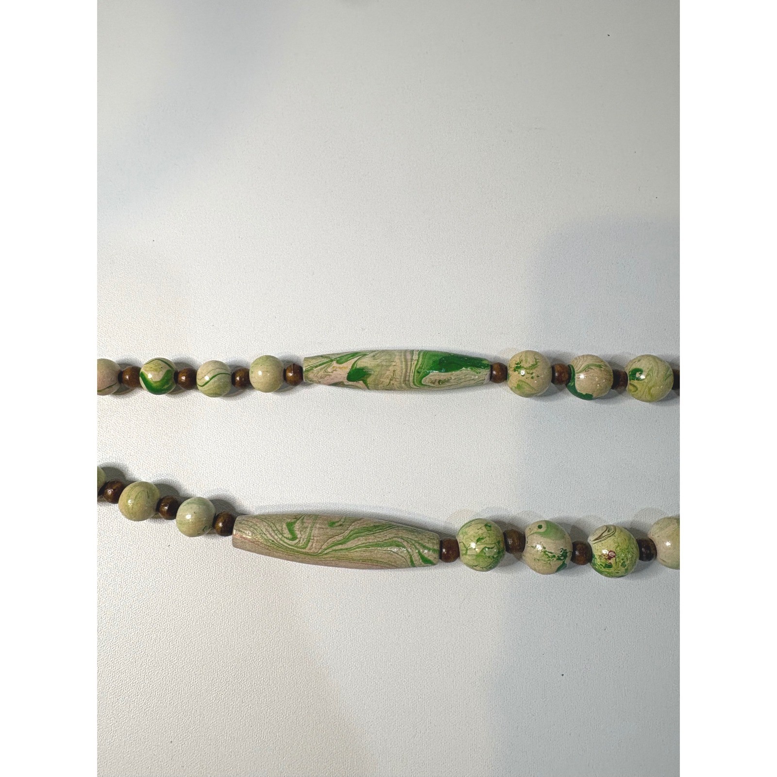 Vintage Green Swirl Beaded Necklace Boho Earthy Ceramic Wood Bead 28 Inch Long