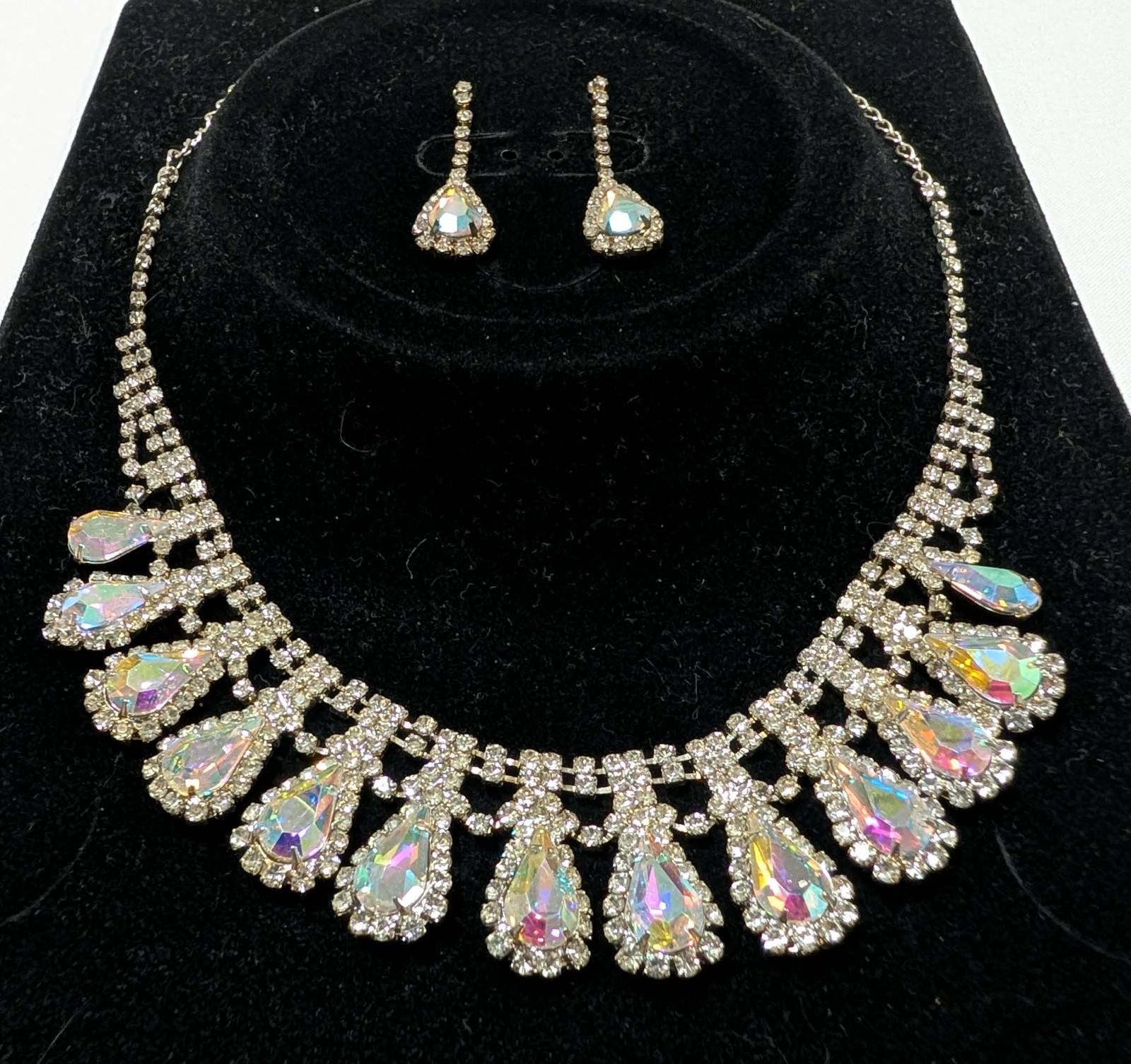 Vintage AB Rhinestone Necklace & Earrings Set Aurora Borealis Silver Tone Bridal