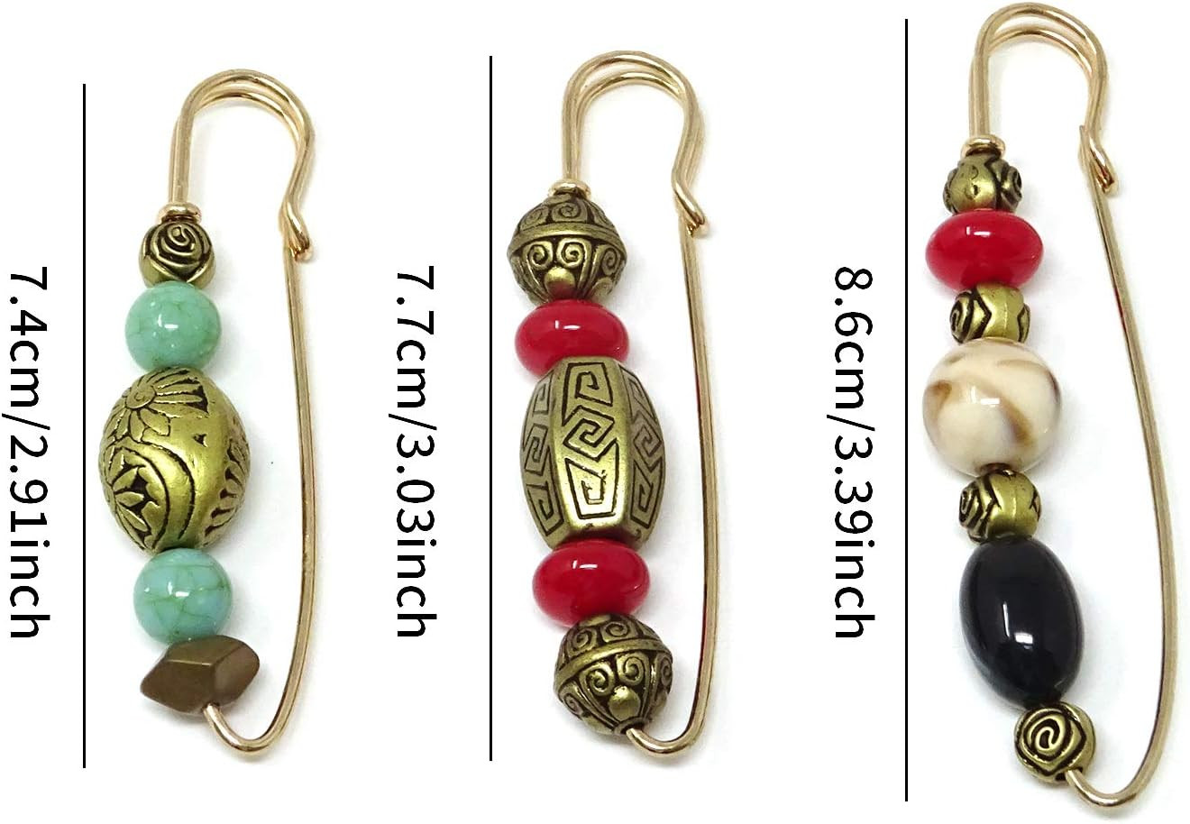 ” 3PCS Vintage Beaded Brooch Large Safety Pins for Sweaters, Shawls, Collars, Dr