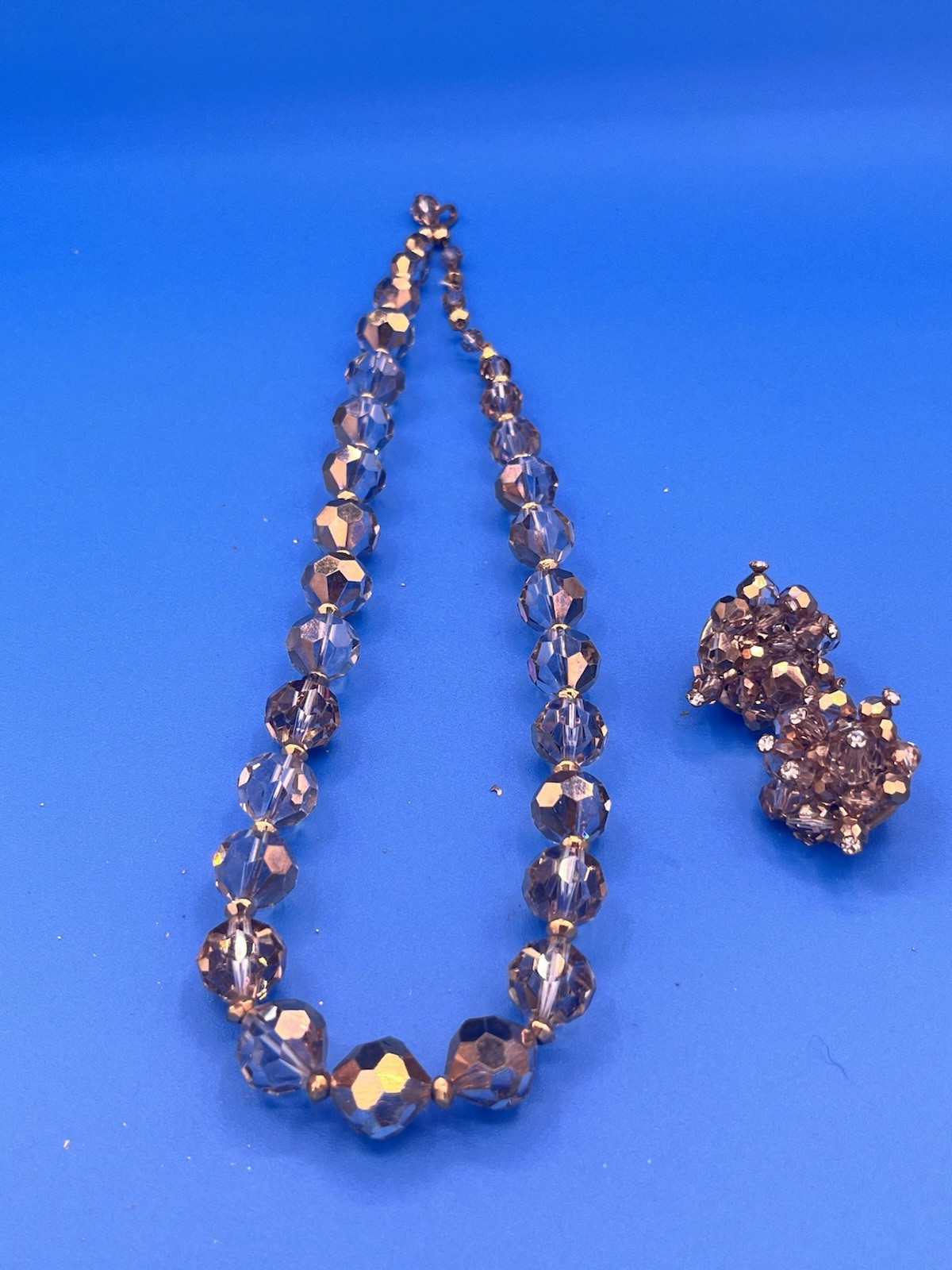 Vintage Faceted Glass Bead Necklace & Clip Earrings Set – Elegant Retro Jewelry