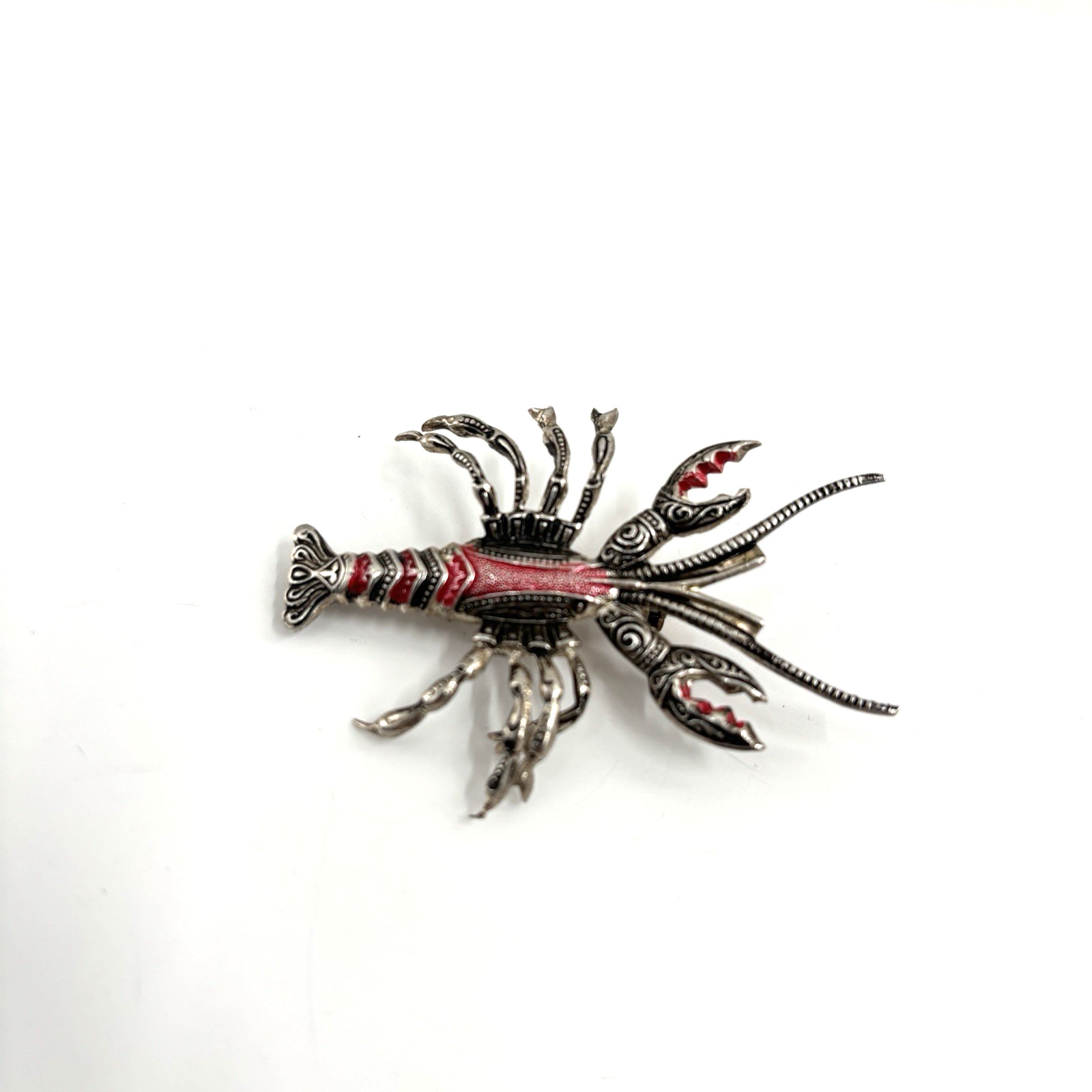 Vintage Spain Lobster Brooch Red Enamel Silver Tone Figural Crayfish Pin