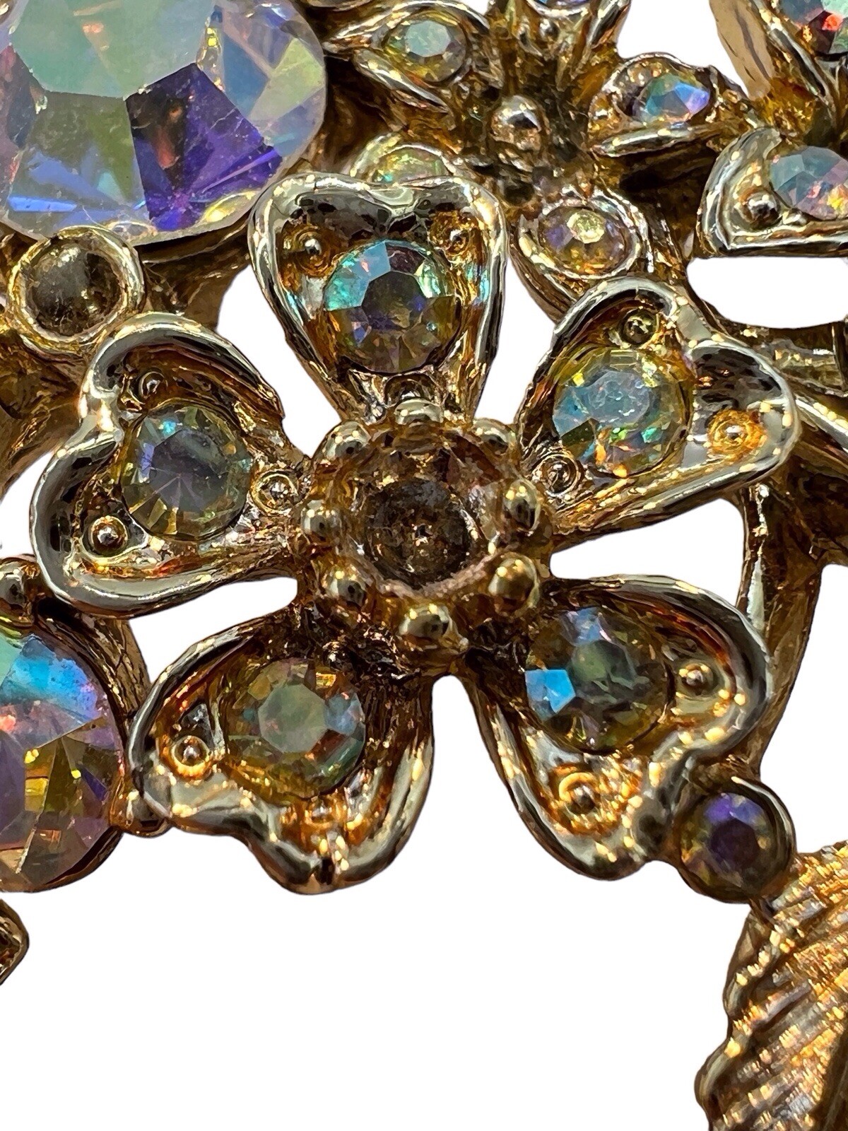 Crescent AB Rhinestone Brooch Floral Swag Dangle Bead Gold Tone Mid Cent READ B3