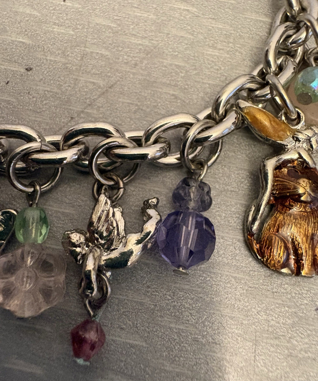 Vintage Kirks Folly Cat Lover Garden Fairies Whimsical Charm Bracelet Silvertone