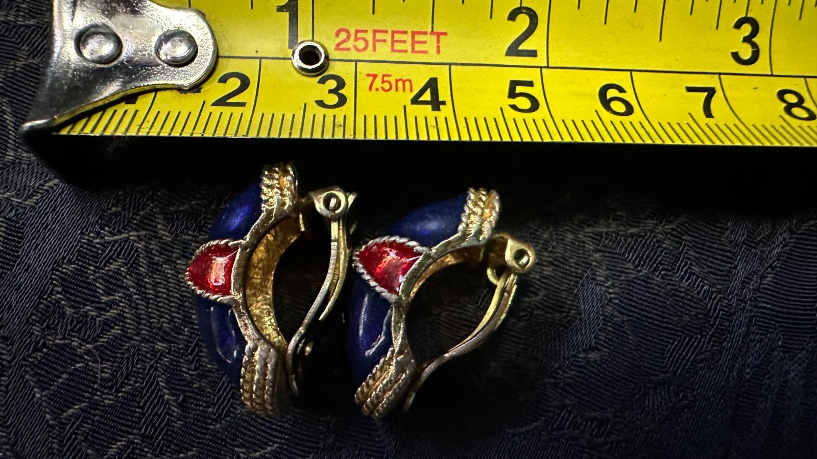 GAY BOYER Clip On Earrings Navy Blue & Red Gold Rope Trim Vintage