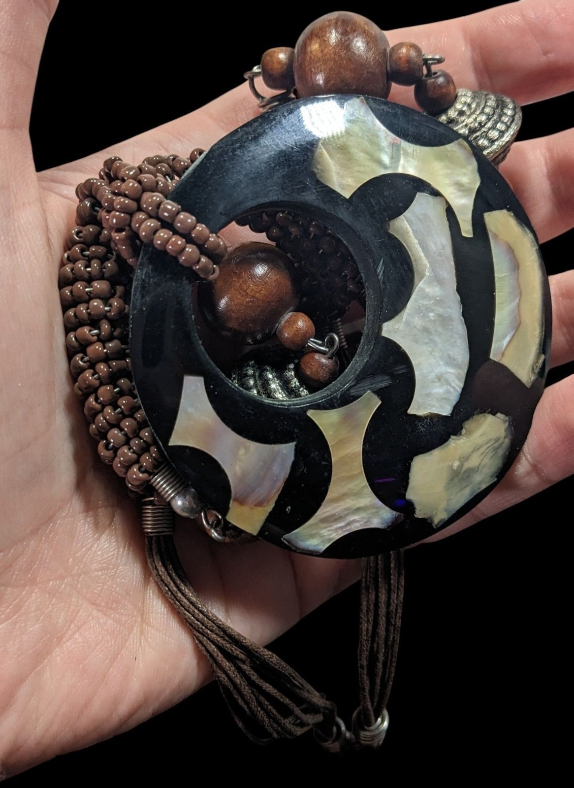 Vintage Bohemian Wood And Metal Necklace With Shell Inlay Pendant