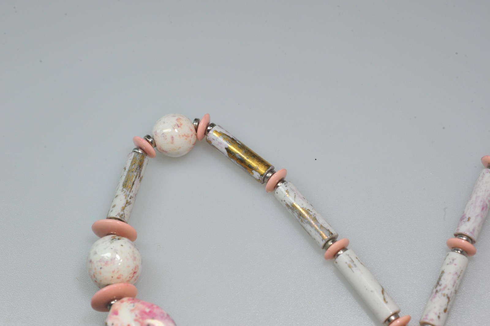 Necklace signed romantic cottage core ceramic hand painted pink ivory gold 18″