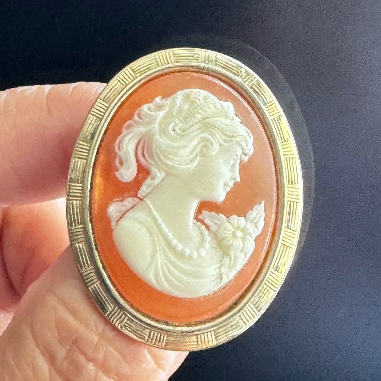 Vintage Oval Cameo Brooch Gold Tone Etched Frame Orange Cream Lady Portrait Pin