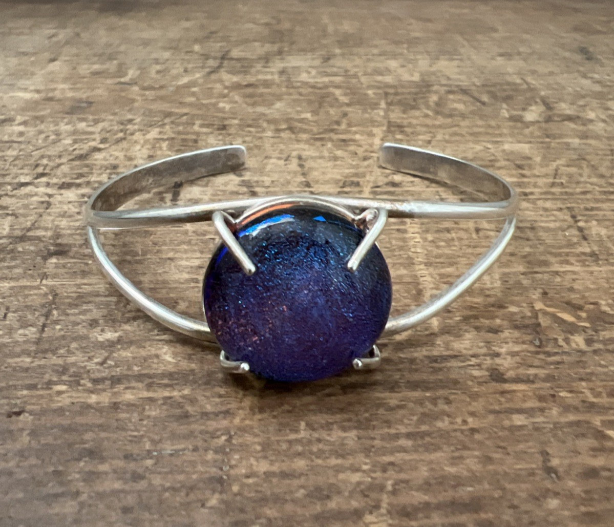 Vintage Sterling Silver Purple & Blue Art Glass Cuff Bracelet