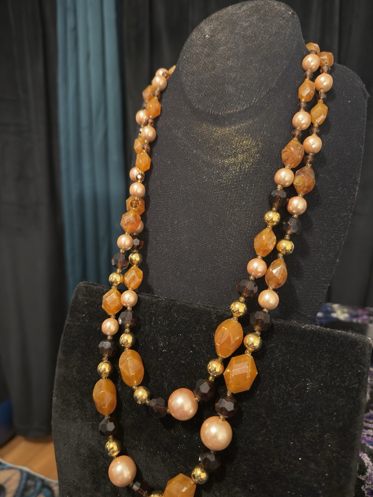 Vintage Made In France Multi Strand Amber Glass Faux Pearl Necklace 1960s-70s