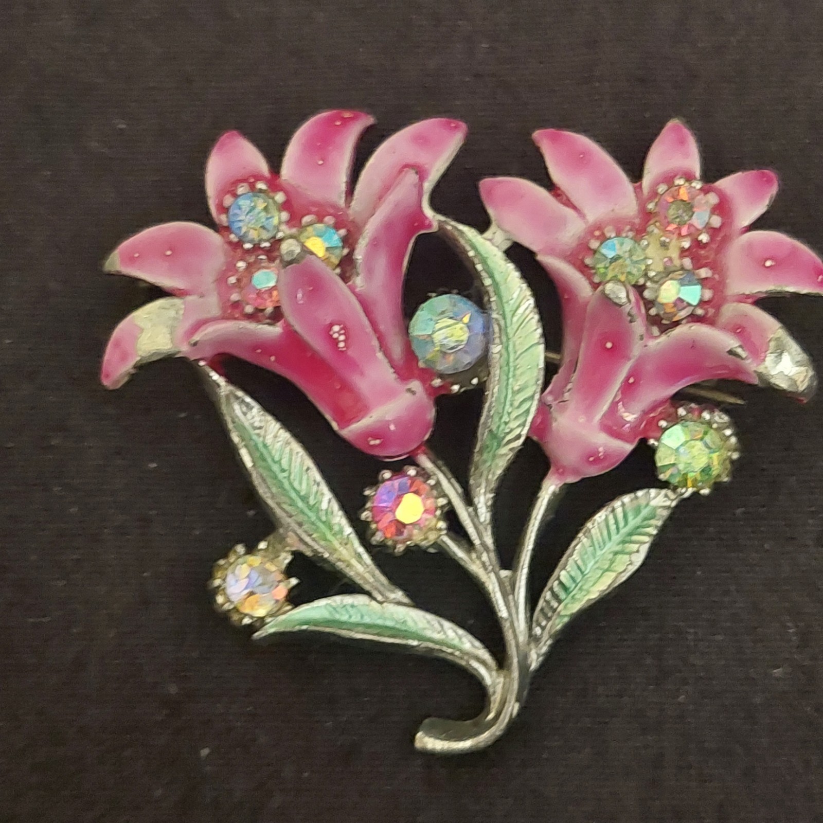 Vintage British Pink Green Guilloche Enamel Lily Rhinestones Flower Brooch