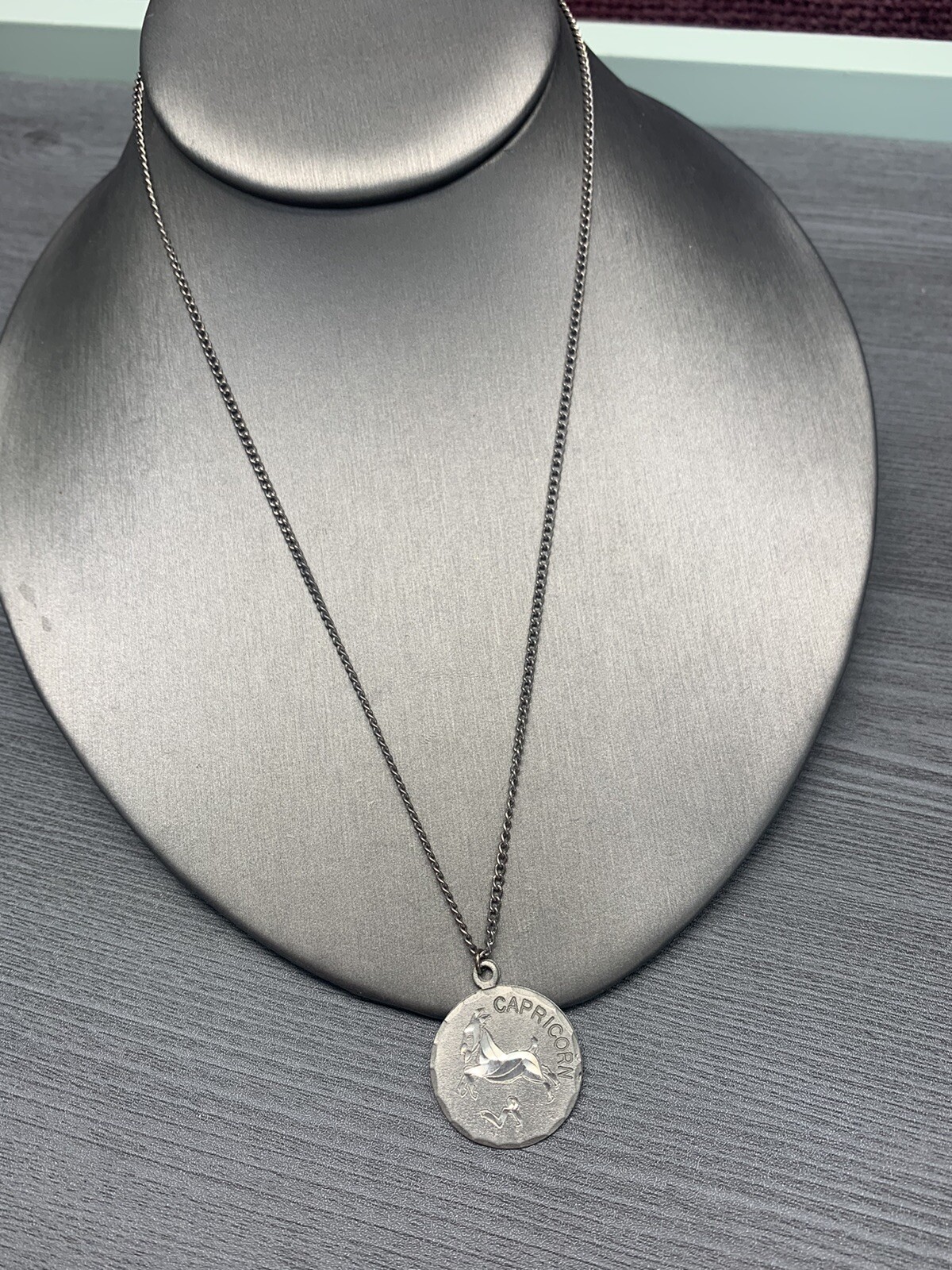 Vintage Pewter BDA Zodiac astrology Capricorn Engraved Pendant Necklace 18”