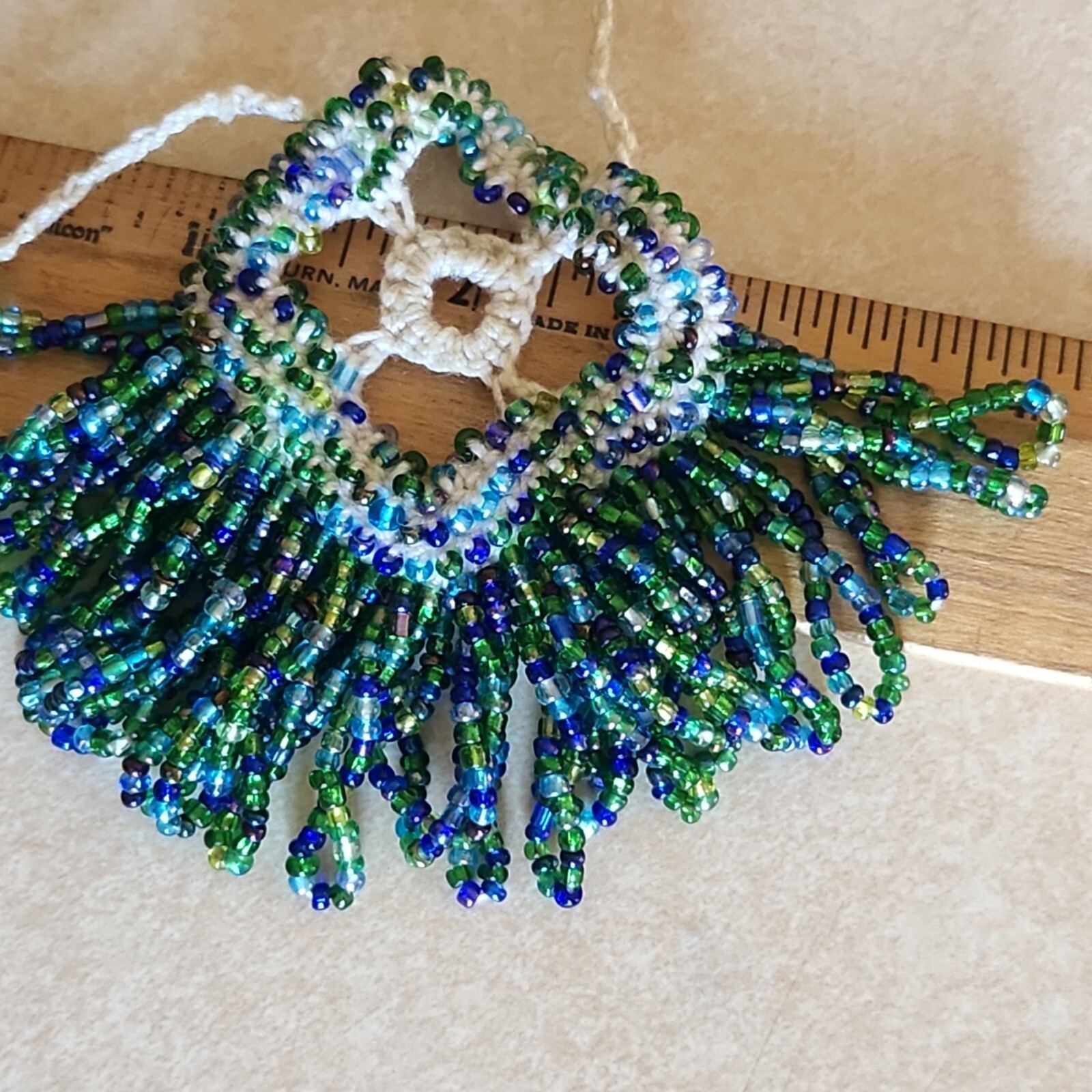 18.5″ Artisan Made Cord Glass Seed Bead Blue Green Necklace Fringe No Metal