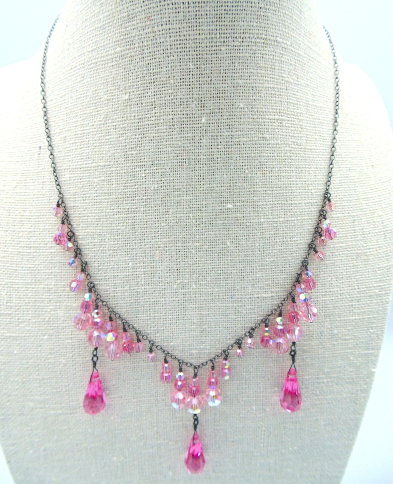 Vintage .925 STERLING SILVER and PINK CRYSTAL Festoon Necklace Adj. 15″-19″ Exc.