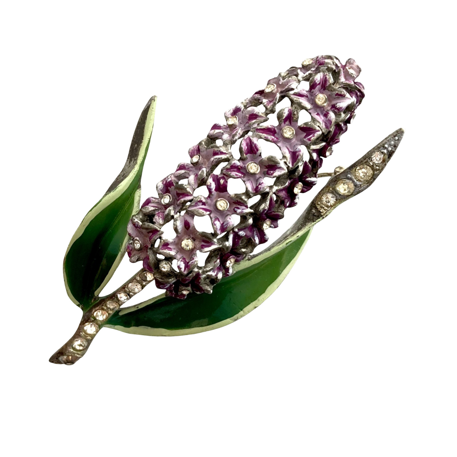 Vintage 1940s Hyacinth Purple Enamel Rhinestone Flower Figural Brooch Coro Style